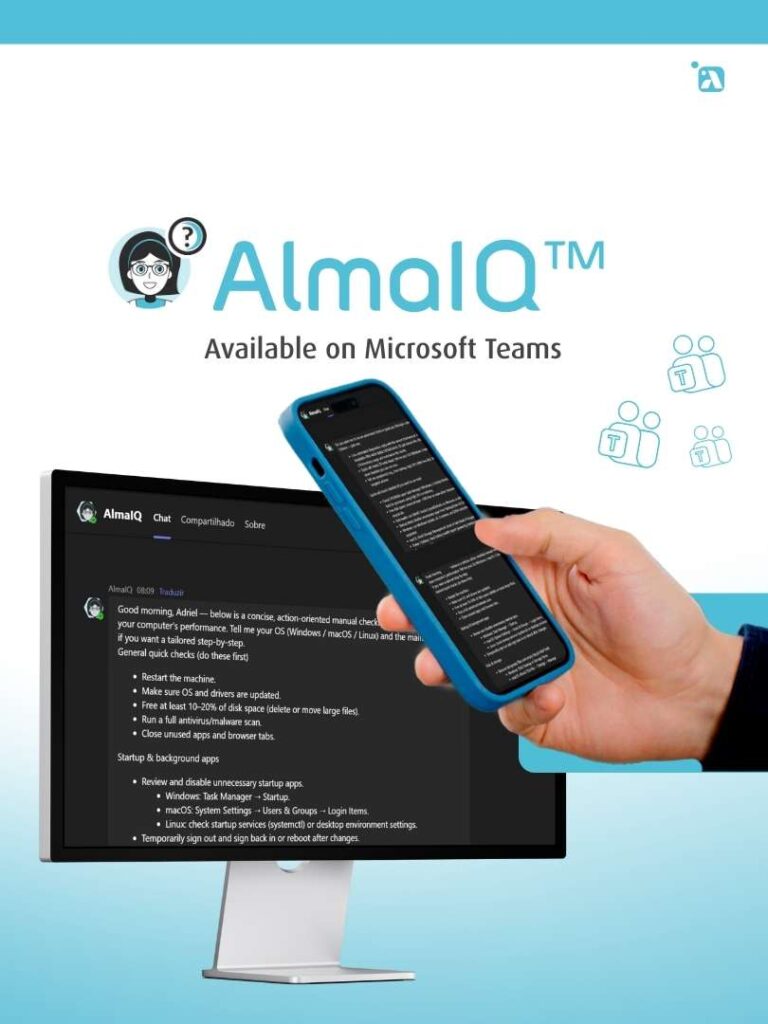 AlmaIQ™ is an AI concierge that simplifies employee support, answering technical and corporate questions instantly through Microsoft Teams.